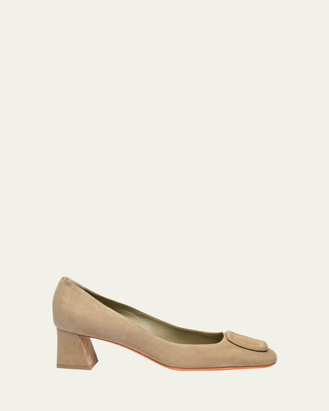 Suede Block Heel Buckle Pumps